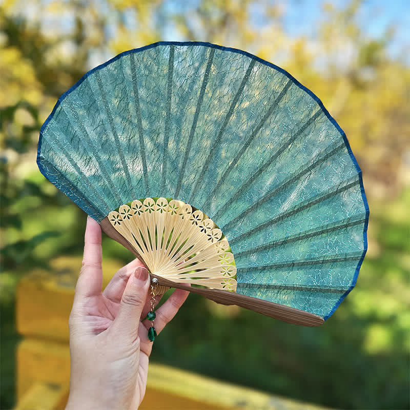 Buddha Stones Elegant Vintage Mesh Pattern Shell Shape Bamboo Folding Fan - Peacock Blue(Closed Size: Approx. 21.5 cm / 8.5 in) - image 0