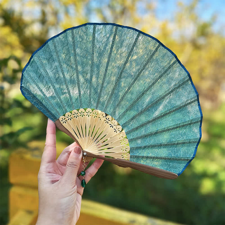 Buddha Stones Elegant Vintage Mesh Pattern Shell Shape Bamboo Folding Fan - Peacock Blue(Closed Size: Approx. 21.5 cm / 8.5 in) - image 0