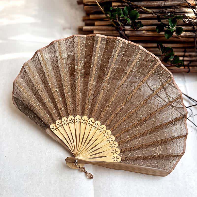 Buddha Stones Elegant Vintage Mesh Pattern Shell Shape Bamboo Folding Fan - Coffee Brown(Closed Size: Approx. 21.5 cm / 8.5 in) - image 12