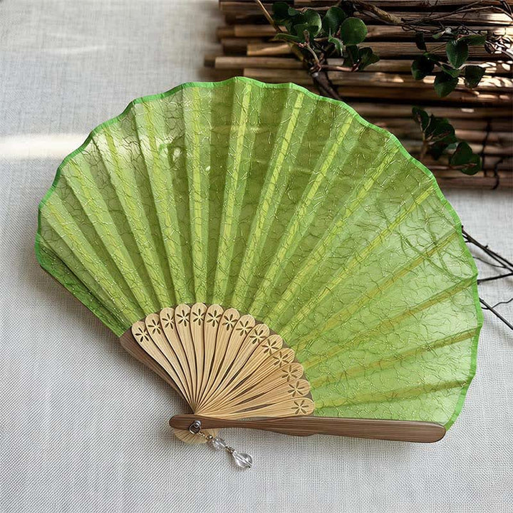 Buddha Stones Elegant Vintage Mesh Pattern Shell Shape Bamboo Folding Fan - Grass Green(Closed Size: Approx. 21.5 cm / 8.5 in) - image 5