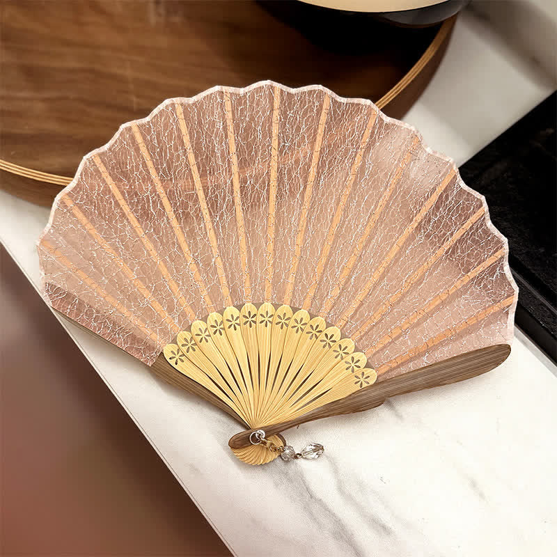 Buddha Stones Elegant Vintage Mesh Pattern Shell Shape Bamboo Folding Fan - Pink(Closed Size: Approx. 21.5 cm / 8.5 in) - image 16