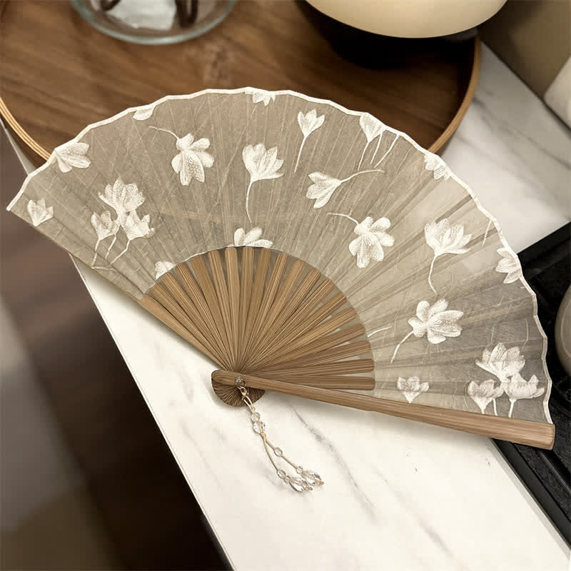 Buddha Stones Vintage White Blossom Bamboo Folding Fan 22 cm - Champagne - Closed Size: Approx. 22 cm / 8.7 in - image 6