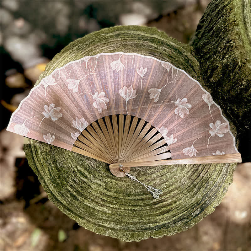 Buddha Stones Vintage White Blossom Bamboo Folding Fan 22 cm - Pink - Closed Size: Approx. 22 cm / 8.7 in - image 9