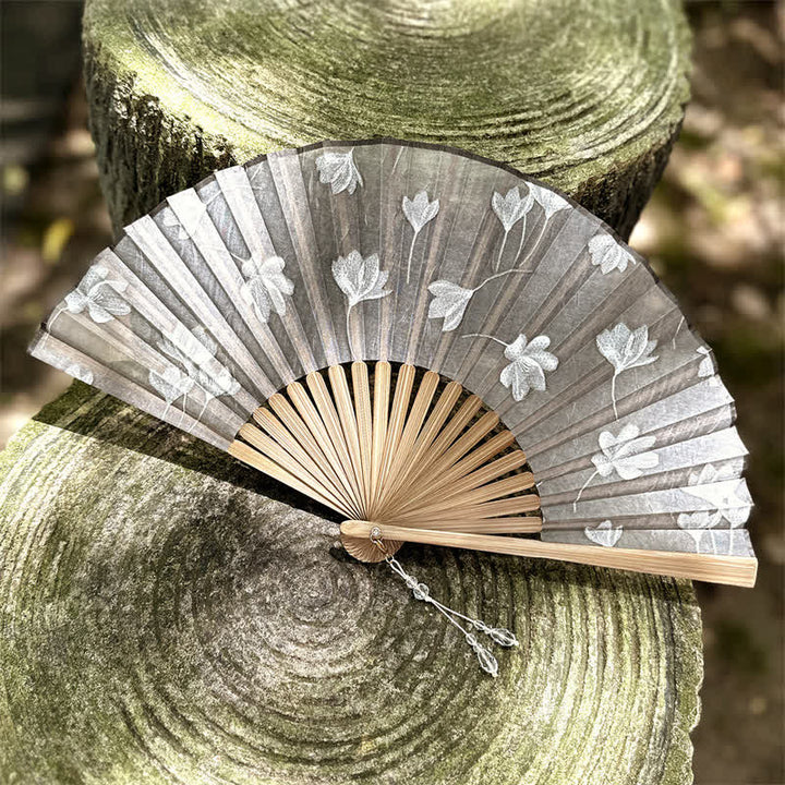 Buddha Stones Vintage White Blossom Bamboo Folding Fan 22 cm - Gray - Closed Size: Approx. 22 cm / 8.7 in - image 10