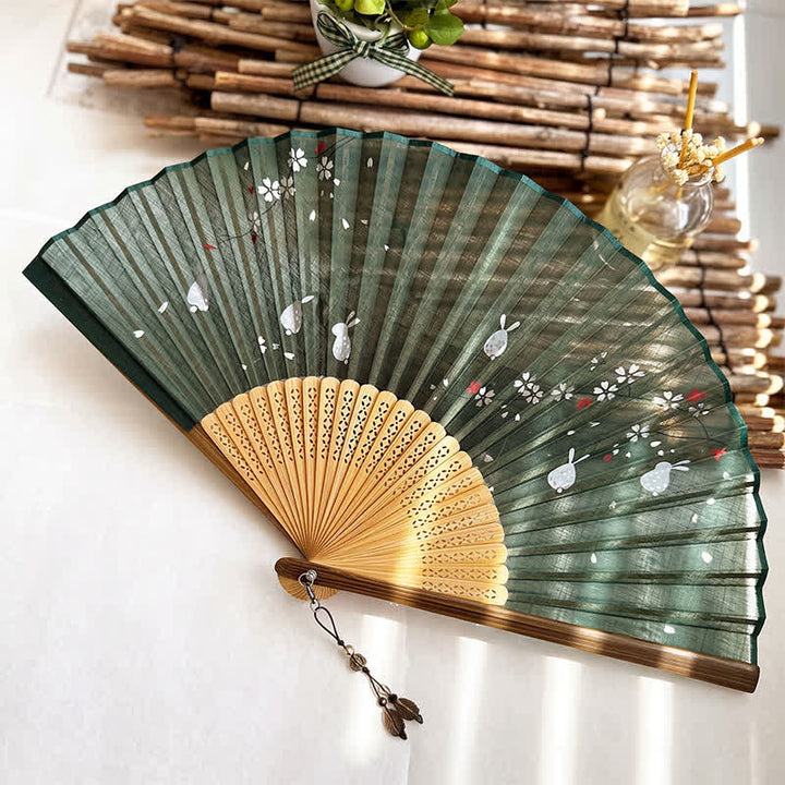 Buddha Stones Vintage Sakura Moon Rabbit Bamboo Foldable Elegant Folding Fan 22 cm - Dark Green - Closed Size: Approx. 22 cm / 8.7 in - image 8