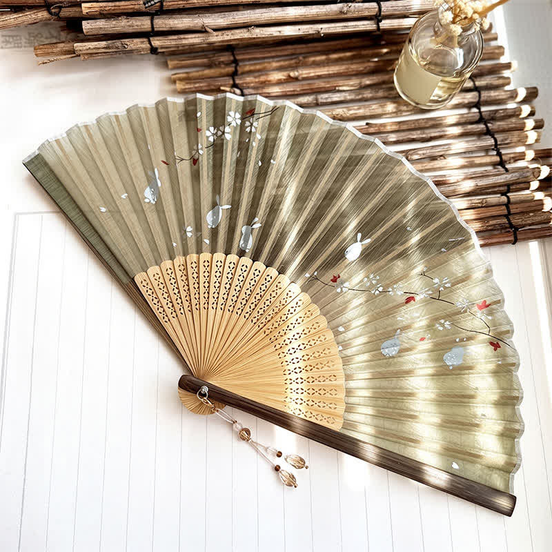 Buddha Stones Vintage Sakura Moon Rabbit Bamboo Foldable Elegant Folding Fan 22 cm - Light Gray Green - Closed Size: Approx. 22 cm / 8.7 in - image 0