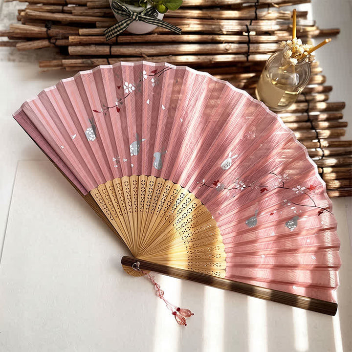 Buddha Stones Vintage Sakura Moon Rabbit Bamboo Foldable Elegant Folding Fan 22 cm - Pink - Closed Size: Approx. 22 cm / 8.7 in - image 4