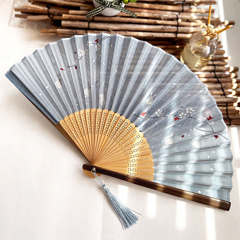 Buddha Stones Vintage Sakura Moon Rabbit Bamboo Foldable Elegant Folding Fan 22 cm - Light Blue - Closed Size: Approx. 22 cm / 8.7 in - image 7
