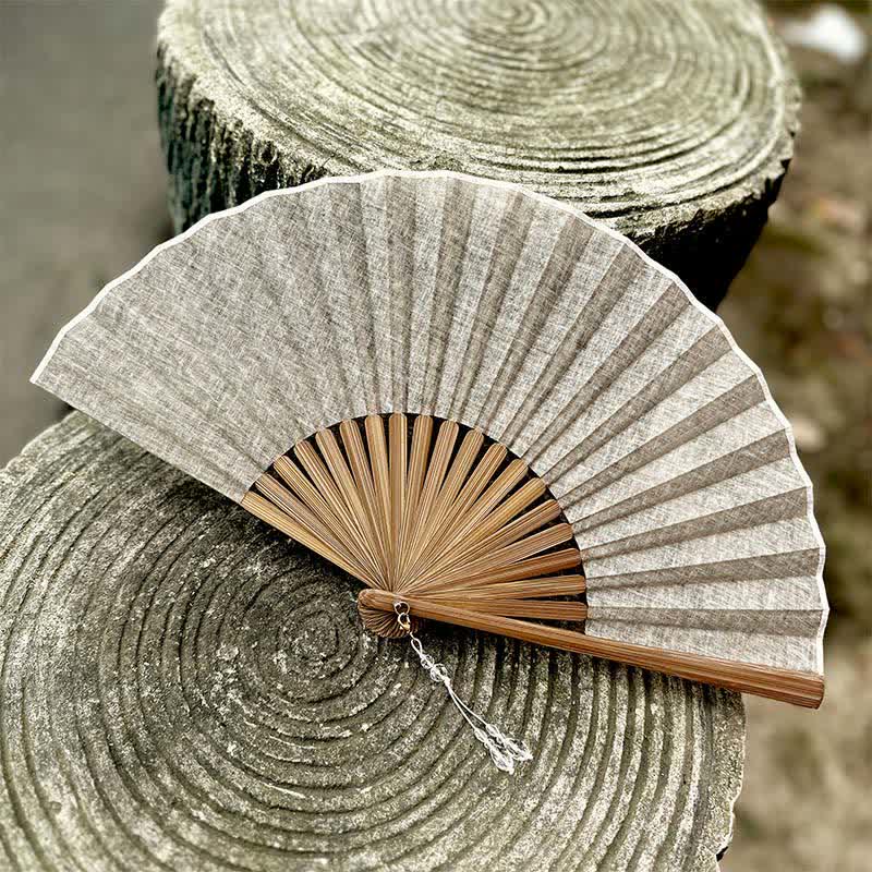 Buddha Stones Solid Color Rustic Elegance Cotton Linen Bamboo Folding Fan 22 cm - Light Gray - Closed Size: Approx. 22 cm / 8.7 in - image 7