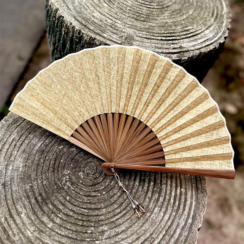Buddha Stones Solid Color Rustic Elegance Cotton Linen Bamboo Folding Fan 22 cm - Beige - Closed Size: Approx. 22 cm / 8.7 in - image 6