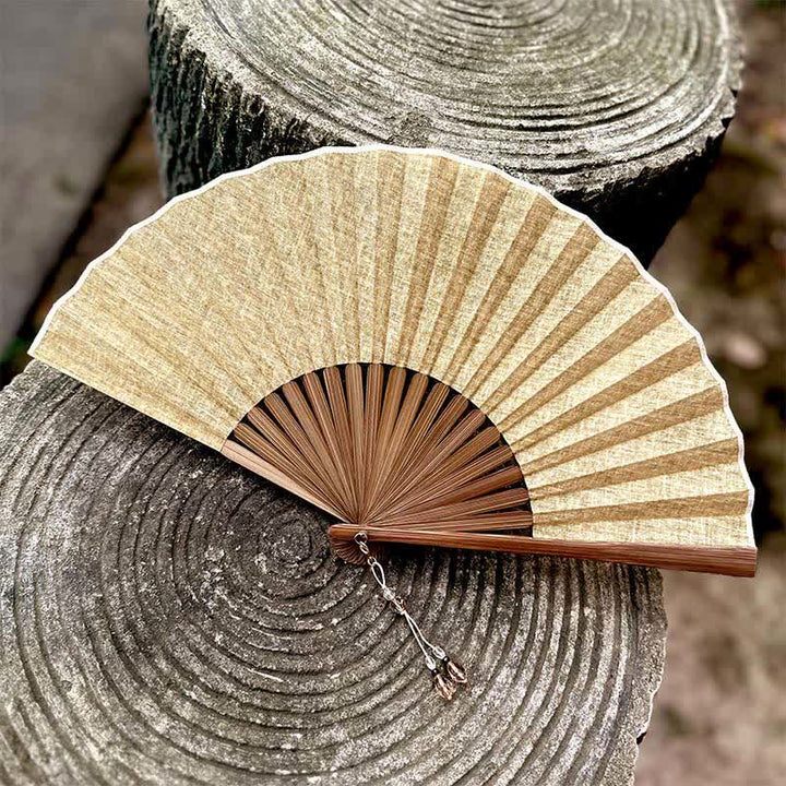 Buddha Stones Solid Color Rustic Elegance Cotton Linen Bamboo Folding Fan 22 cm - Beige - Closed Size: Approx. 22 cm / 8.7 in - image 6