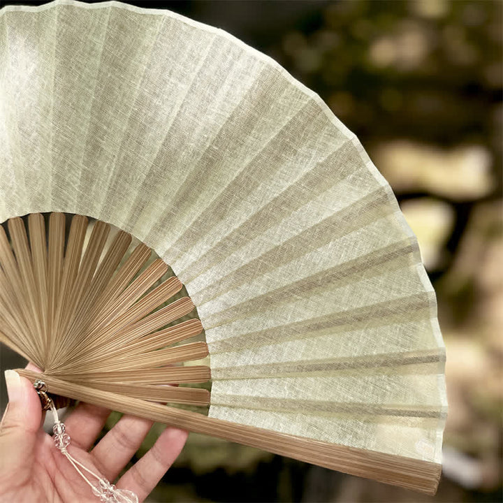 Buddha Stones Solid Color Rustic Elegance Cotton Linen Bamboo Folding Fan 22 cm - Ivory - Closed Size: Approx. 22 cm / 8.7 in - image 13