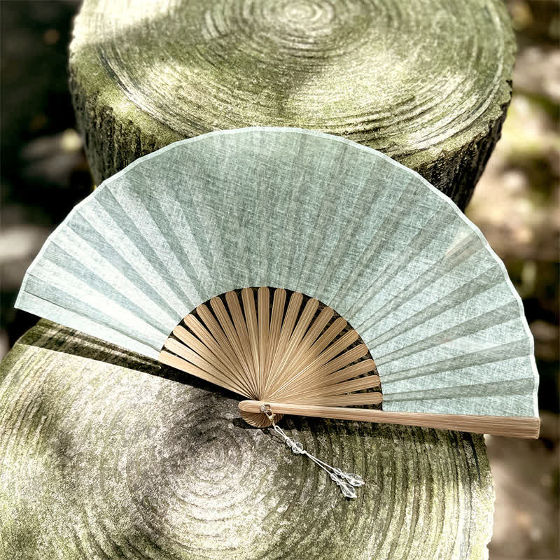 Buddha Stones Solid Color Rustic Elegance Cotton Linen Bamboo Folding Fan 22 cm - MintCream Green - Closed Size: Approx. 22 cm / 8.7 in - image 15
