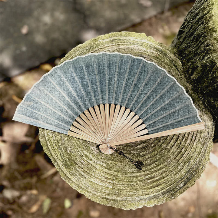 Buddha Stones Solid Color Rustic Elegance Cotton Linen Bamboo Folding Fan 22 cm - Misty Blue - Closed Size: Approx. 22 cm / 8.7 in - image 16