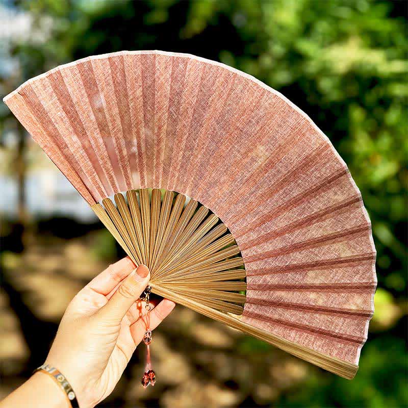 Buddha Stones Solid Color Rustic Elegance Cotton Linen Bamboo Folding Fan 22 cm - Blush Pink - Closed Size: Approx. 22 cm / 8.7 in - image 5