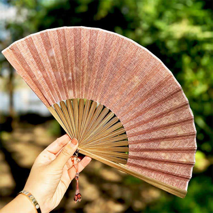 Buddha Stones Solid Color Rustic Elegance Cotton Linen Bamboo Folding Fan 22 cm - Blush Pink - Closed Size: Approx. 22 cm / 8.7 in - image 5