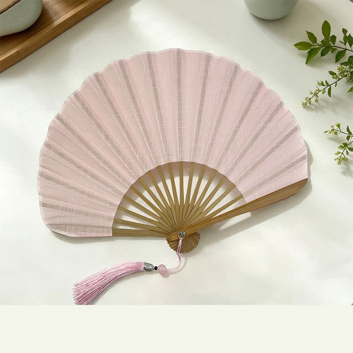 Buddha Stones Cotton Linen Bamboo Shell-shaped Tassel Folding Fan 21.5 cm - Pink(Closed Size: Approx. 21.5 cm / 8.5 in) - image 9