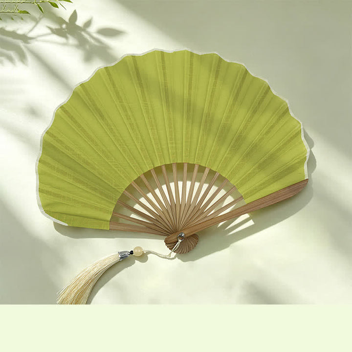 Buddha Stones Cotton Linen Bamboo Shell-shaped Tassel Folding Fan 21.5 cm - Yellow Green(Closed Size: Approx. 21.5 cm / 8.5 in) - image 6