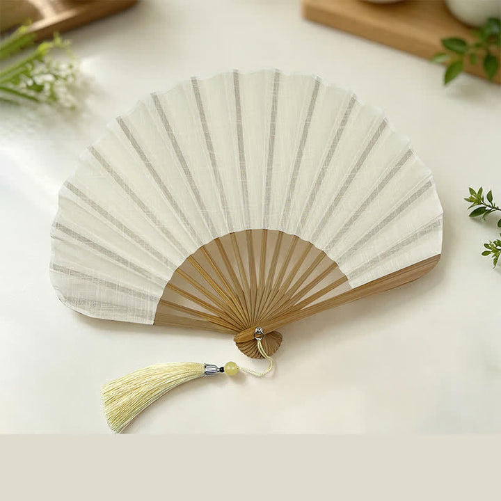 Buddha Stones Cotton Linen Bamboo Shell-shaped Tassel Folding Fan 21.5 cm - White(Closed Size: Approx. 21.5 cm / 8.5 in) - image 12