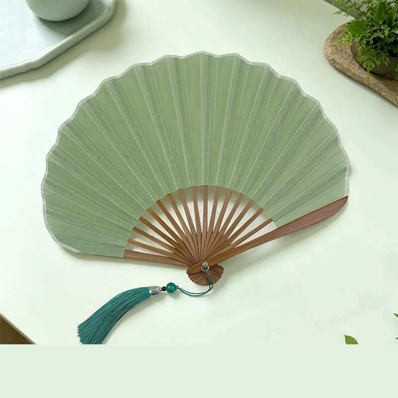 Buddha Stones Cotton Linen Bamboo Shell-shaped Tassel Folding Fan 21.5 cm - Olive Green(Closed Size: Approx. 21.5 cm / 8.5 in) - image 1