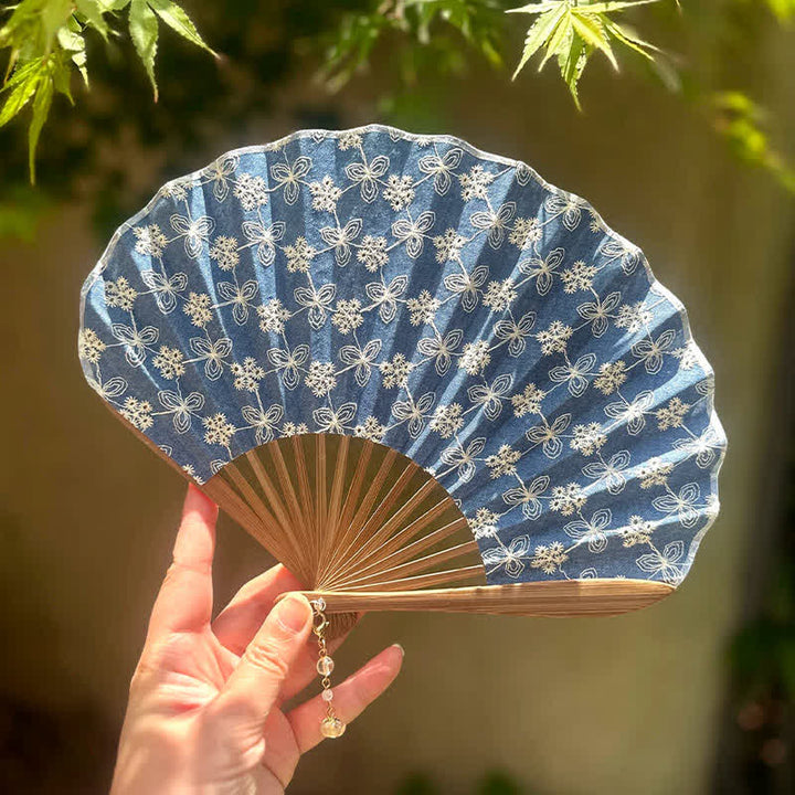 Buddha Stones Flower Lotus Purity Embroidered Cotton Linen Bamboo Folding Fan - image 5