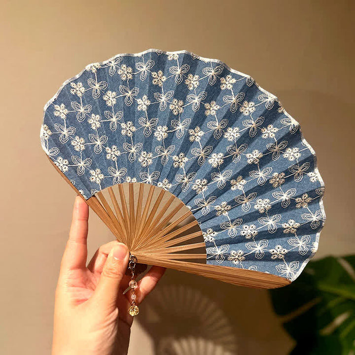 Buddha Stones Flower Lotus Purity Embroidered Cotton Linen Bamboo Folding Fan - image 6