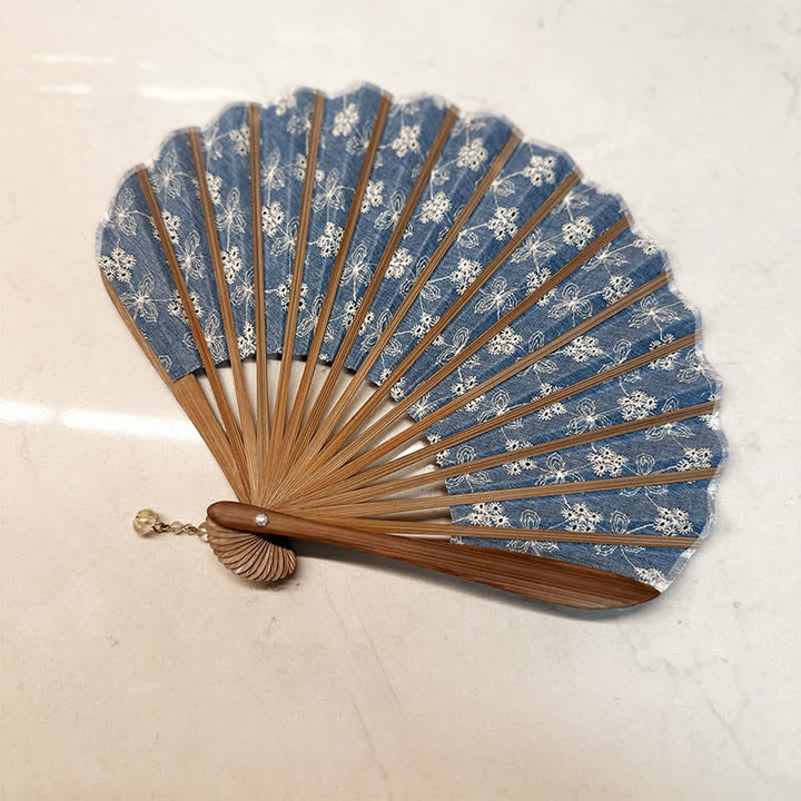 Buddha Stones Flower Lotus Purity Embroidered Cotton Linen Bamboo Folding Fan - image 7
