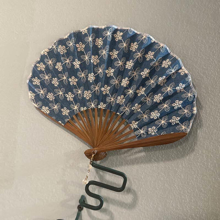 Buddha Stones Flower Lotus Purity Embroidered Cotton Linen Bamboo Folding Fan - image 9