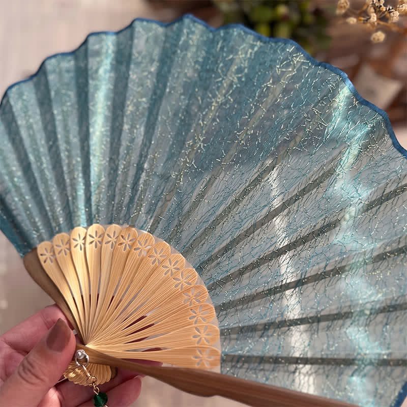 Buddha Stones Elegant Vintage Mesh Pattern Shell Shape Bamboo Folding Fan - image 1