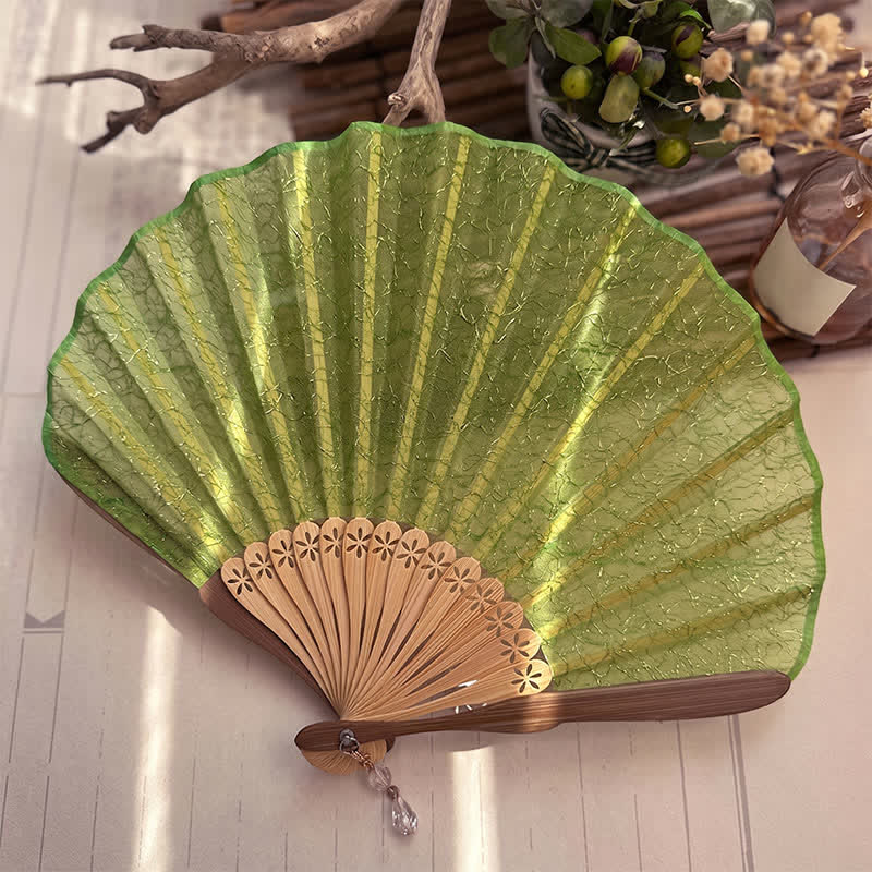 Buddha Stones Elegant Vintage Mesh Pattern Shell Shape Bamboo Folding Fan - image 7