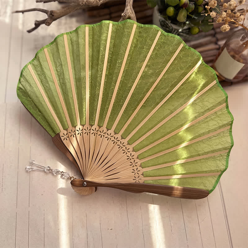 Buddha Stones Elegant Vintage Mesh Pattern Shell Shape Bamboo Folding Fan - image 9