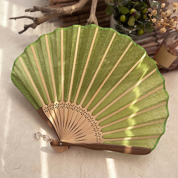 Buddha Stones Elegant Vintage Mesh Pattern Shell Shape Bamboo Folding Fan - image 8