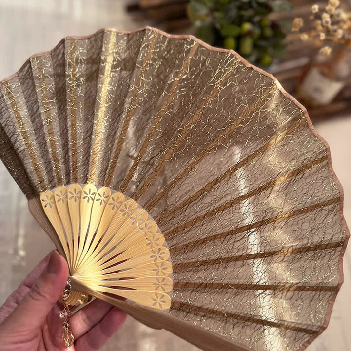 Buddha Stones Elegant Vintage Mesh Pattern Shell Shape Bamboo Folding Fan - image 13
