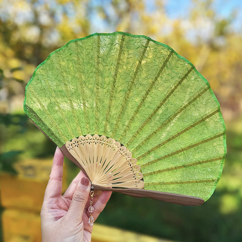 Buddha Stones Elegant Vintage Mesh Pattern Shell Shape Bamboo Folding Fan - image 6