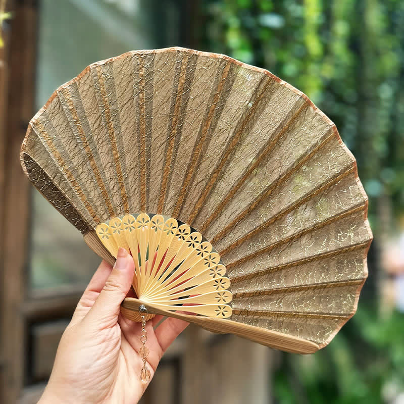 Buddha Stones Elegant Vintage Mesh Pattern Shell Shape Bamboo Folding Fan - image 14