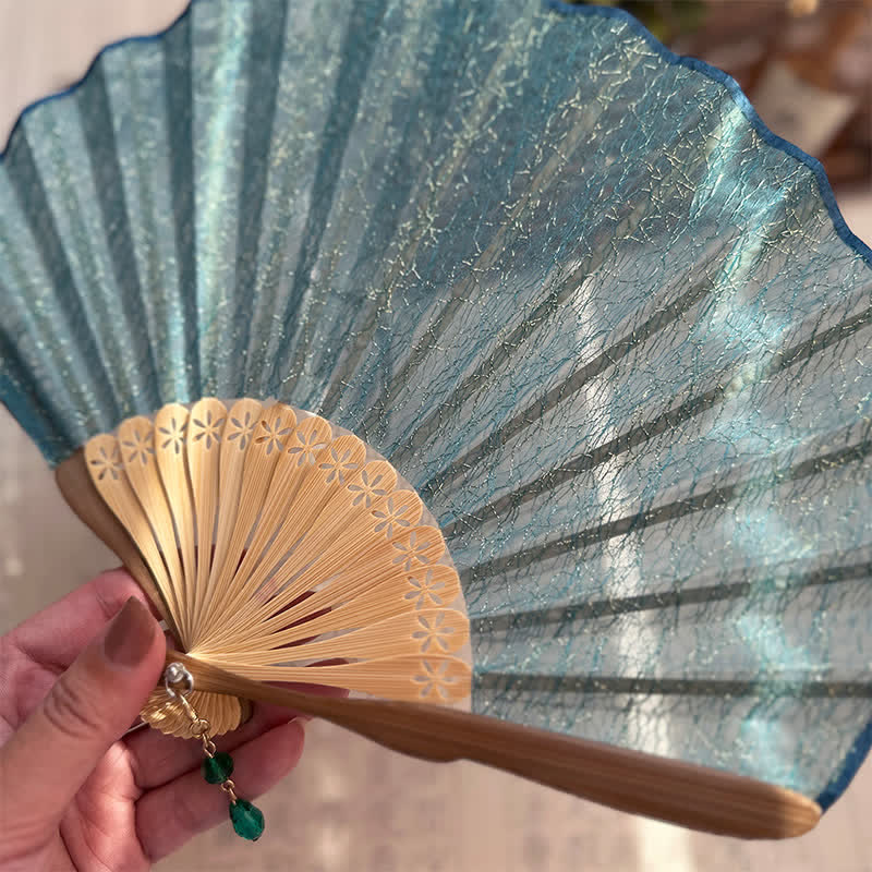Buddha Stones Elegant Vintage Mesh Pattern Shell Shape Bamboo Folding Fan - image 2