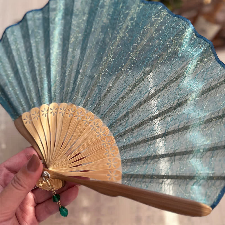 Buddha Stones Elegant Vintage Mesh Pattern Shell Shape Bamboo Folding Fan - image 2