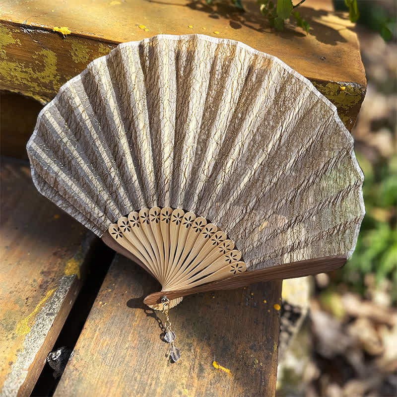 Buddha Stones Elegant Vintage Mesh Pattern Shell Shape Bamboo Folding Fan - image 11