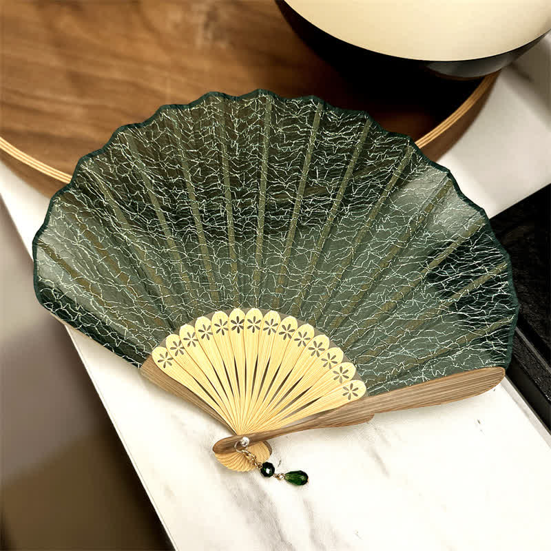 Buddha Stones Elegant Vintage Mesh Pattern Shell Shape Bamboo Folding Fan - Dark Green(Closed Size: Approx. 21.5 cm / 8.5 in) - image 15