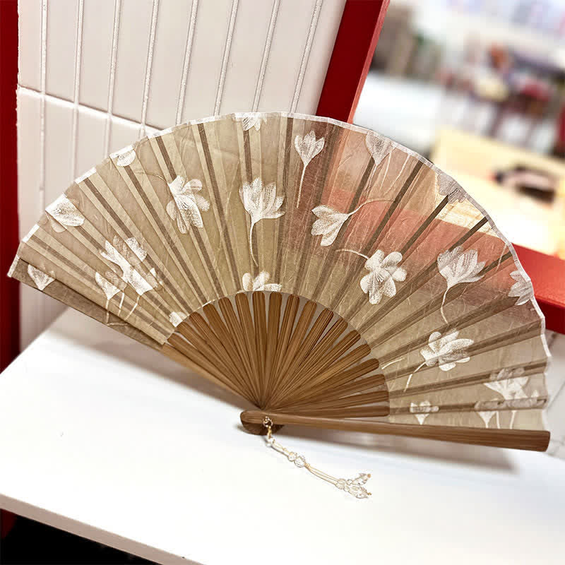 Buddha Stones Vintage White Blossom Bamboo Folding Fan 22 cm - image 7