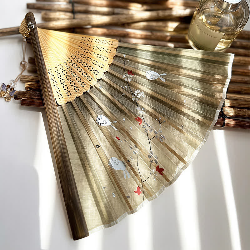 Buddha Stones Vintage Sakura Moon Rabbit Bamboo Foldable Elegant Folding Fan 22 cm - image 2