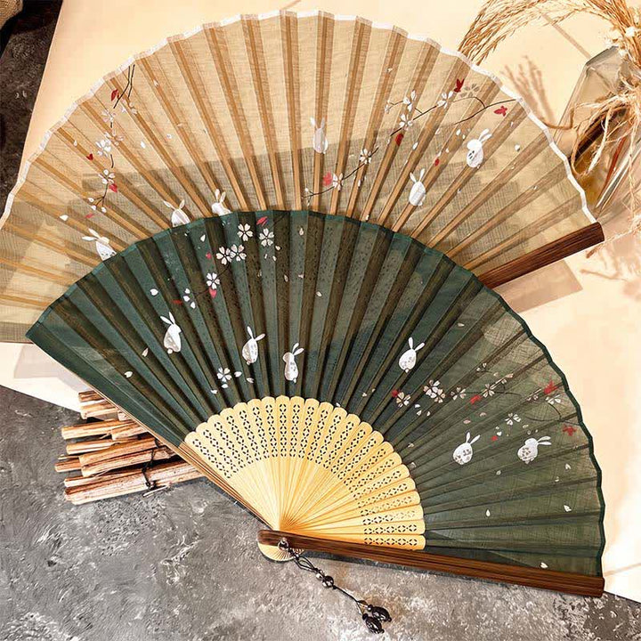 Buddha Stones Vintage Sakura Moon Rabbit Bamboo Foldable Elegant Folding Fan 22 cm - image 10