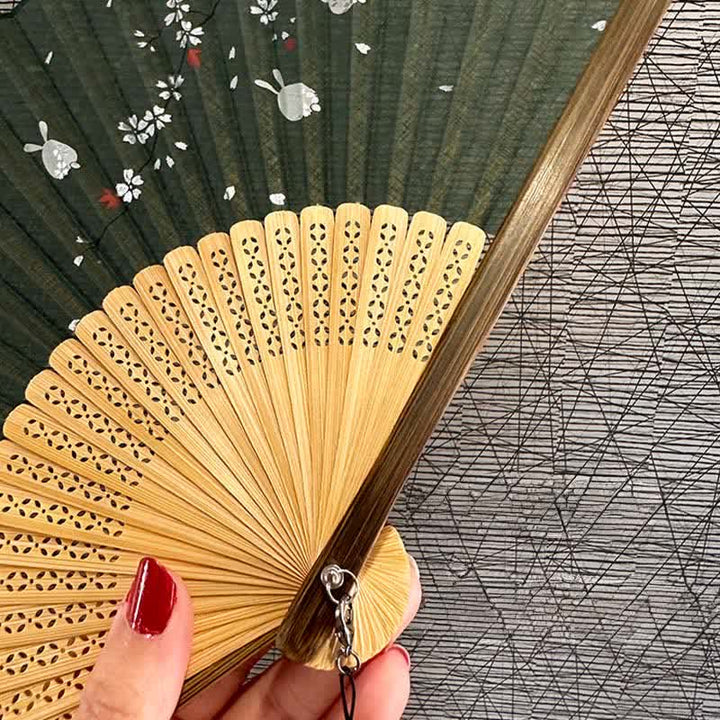 Buddha Stones Vintage Sakura Moon Rabbit Bamboo Foldable Elegant Folding Fan 22 cm - image 9