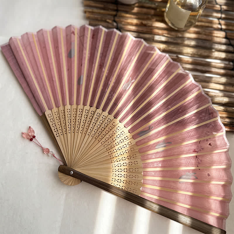 Buddha Stones Vintage Sakura Moon Rabbit Bamboo Foldable Elegant Folding Fan 22 cm - image 5