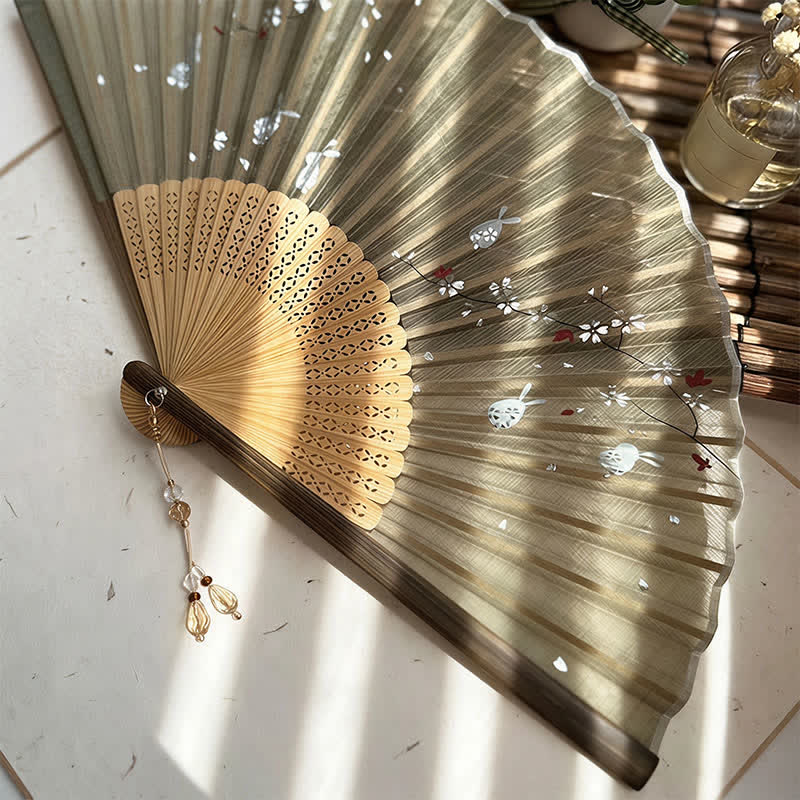 Buddha Stones Vintage Sakura Moon Rabbit Bamboo Foldable Elegant Folding Fan 22 cm - image 1