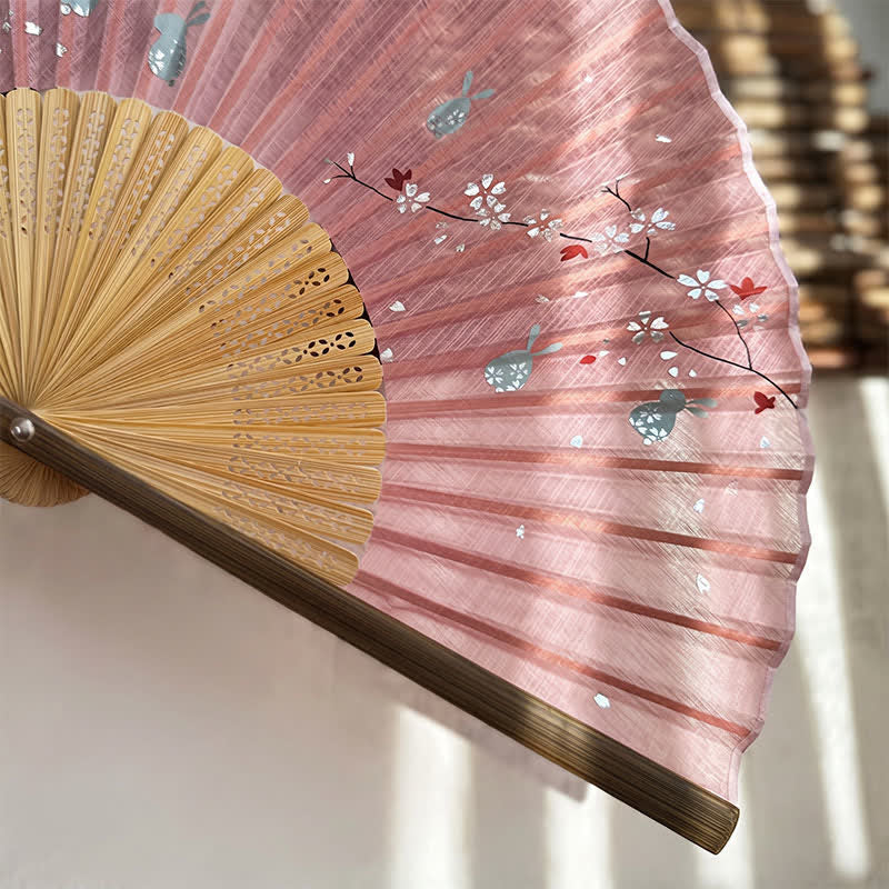 Buddha Stones Vintage Sakura Moon Rabbit Bamboo Foldable Elegant Folding Fan 22 cm - image 6
