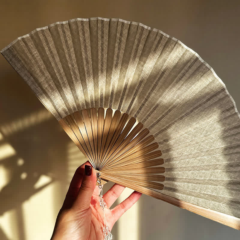 Buddha Stones Solid Color Rustic Elegance Cotton Linen Bamboo Folding Fan 22 cm - image 11