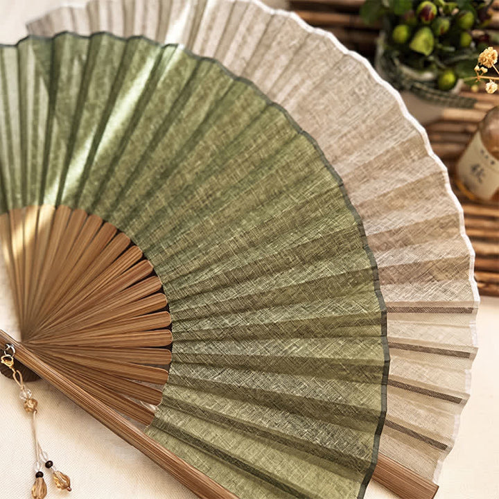 Buddha Stones Solid Color Rustic Elegance Cotton Linen Bamboo Folding Fan 22 cm - image 17