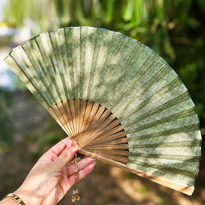 Buddha Stones Solid Color Rustic Elegance Cotton Linen Bamboo Folding Fan 22 cm - image 2