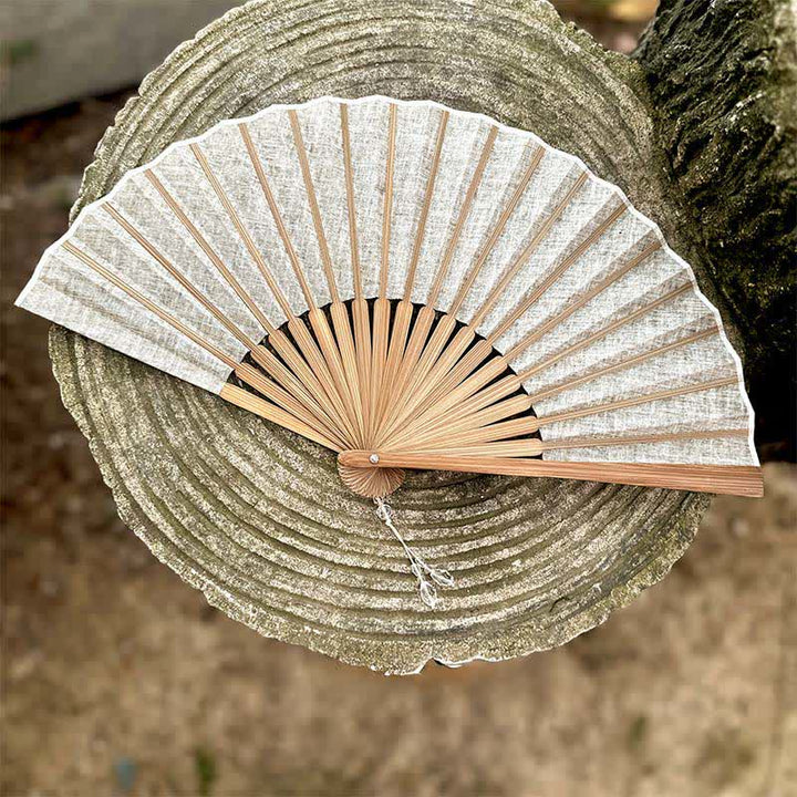 Buddha Stones Solid Color Rustic Elegance Cotton Linen Bamboo Folding Fan 22 cm - image 8